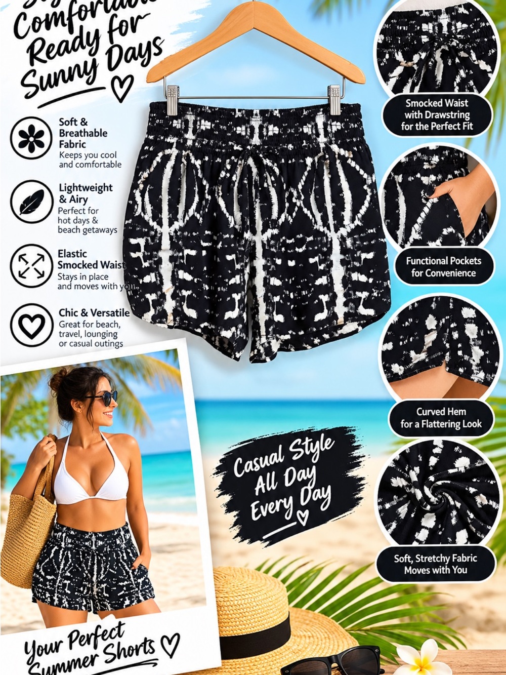 Express Black & White Tie-Dye High-Waist Smocked Shorts